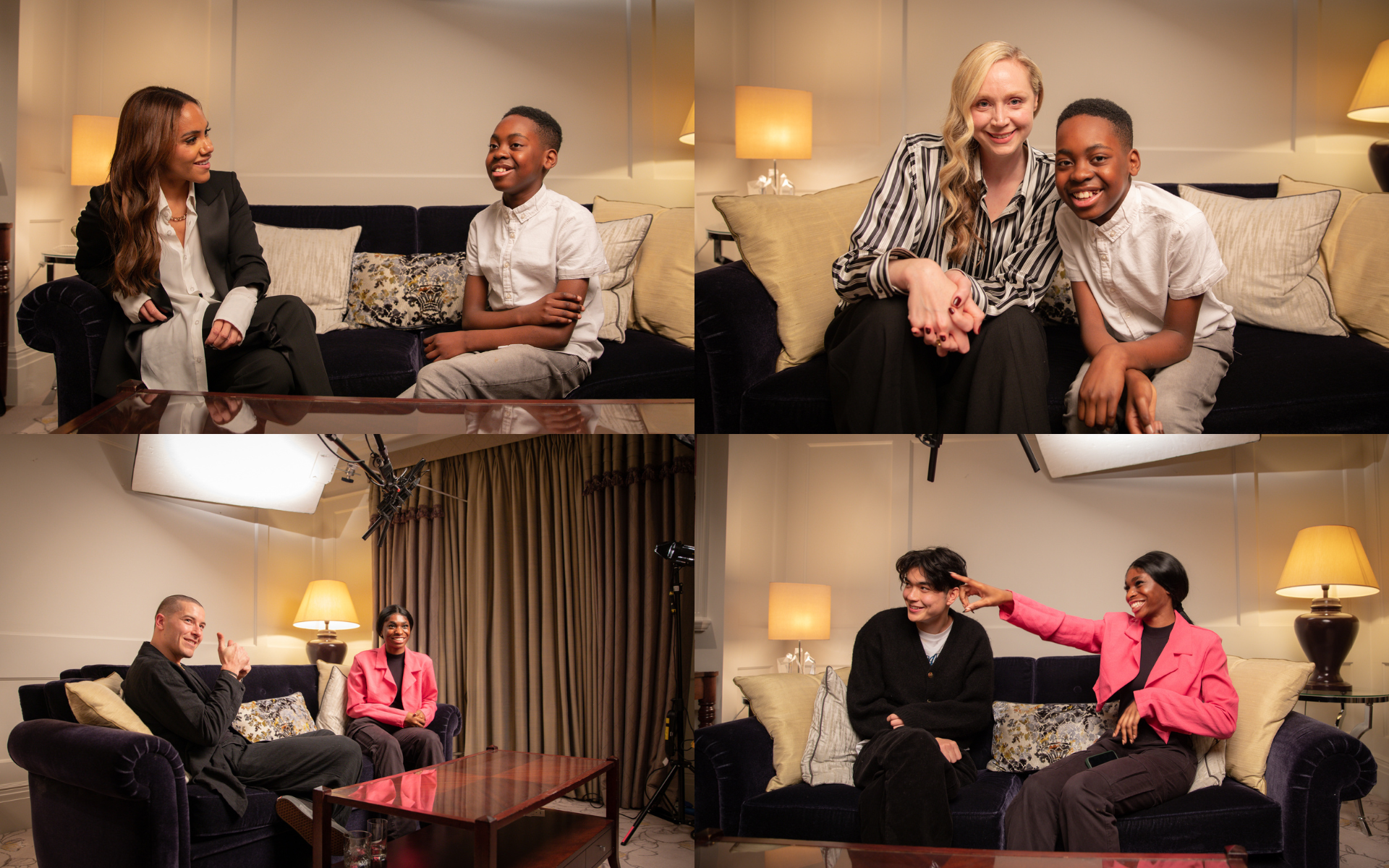 4 photos in a collage. From left to right, top to bottom. Image 1: Alex Scott and Jeriah smiling on a sofa, mid conversation, Image 2: Gwendoline Christie and Jeriah smiling at camera, Image 3: Taz Skylar and Precious smiling mid conversation, Image 3: William Gao and Precious smiling on sofa, while Precious points to the distance.