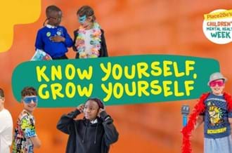 An orange graphic with yellow and turquoise overlay. Yellow text that reads Know Yourself, Grow Yourself is in the centre of the page. Six happy children wearing various costumes also appear on the graphic.