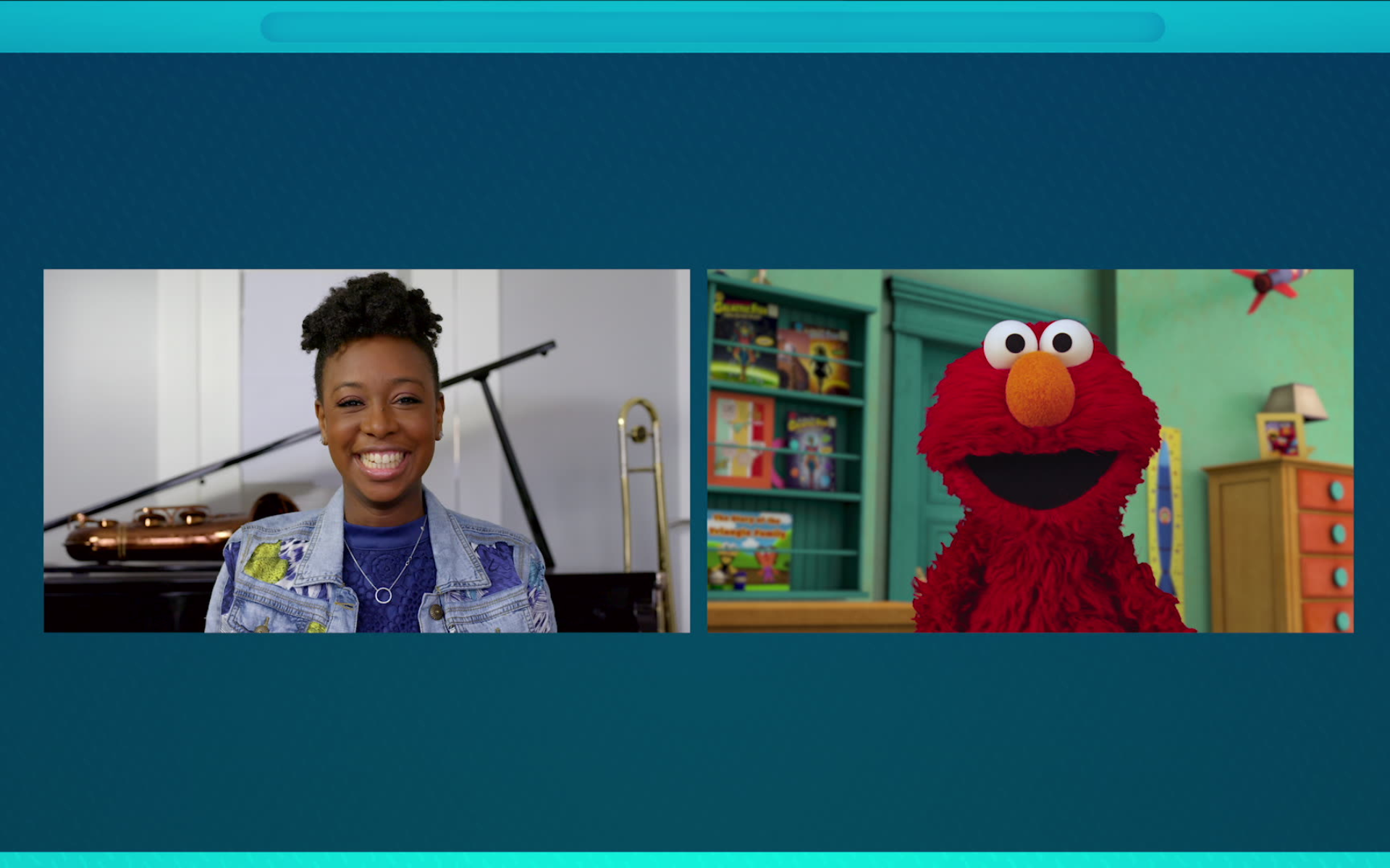 Screenshot from the Mindful Moments, with Place2Be Ambassador YolanDa Brown on the left and Sesame Street's Elmo on the right.