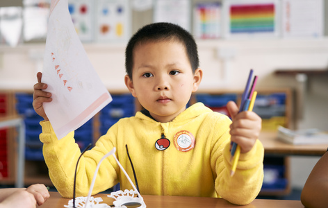 Primary school aged pupil in a yellow jumper sitting down at a classroom desk. He is holding coloured pencils and some paper.