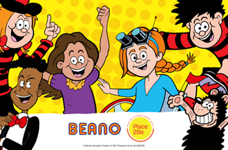 Beano character favourites including Minnie, Gnasher and Dennis. The photo contains the Beano and Place2Be logos